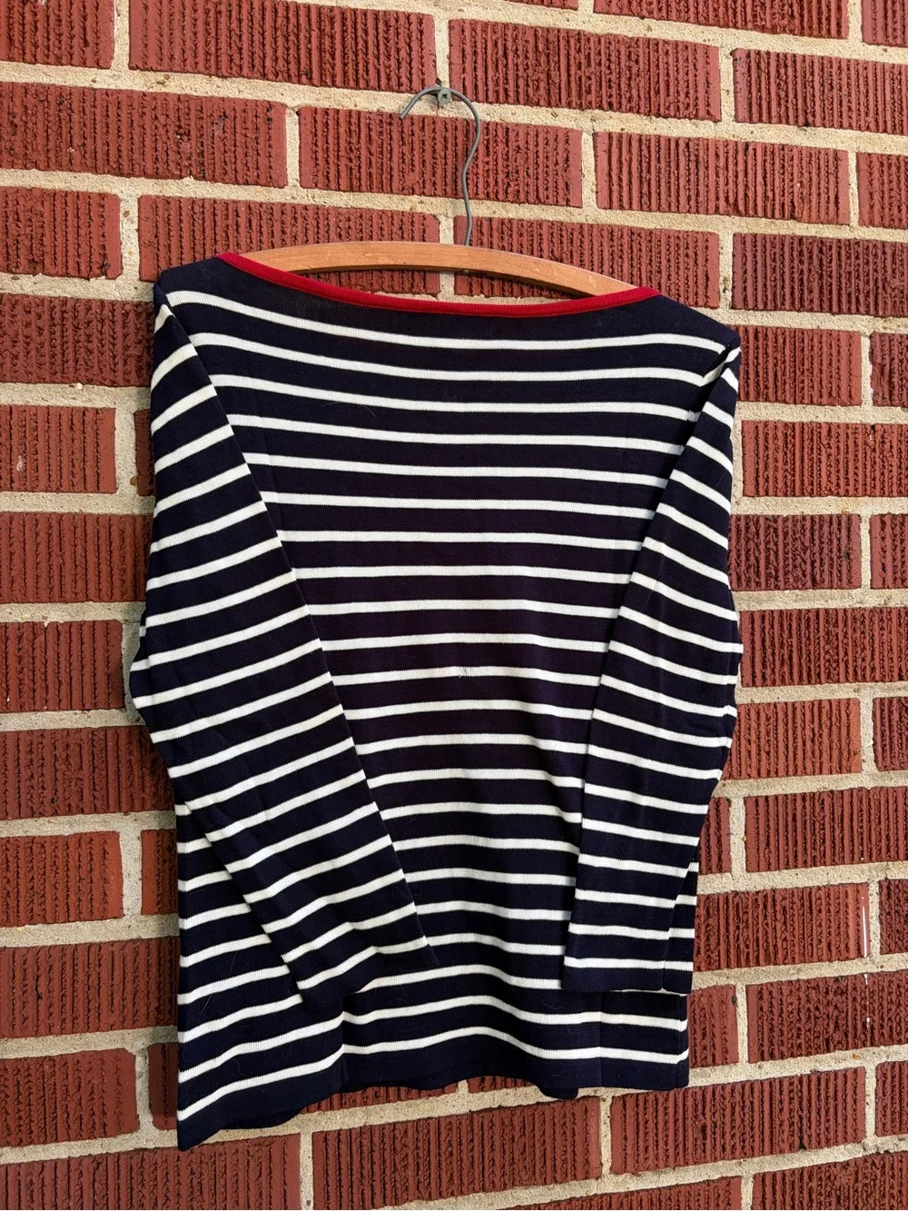 Ralph Lauren Navy and White Striped Boatneck Sweater with Red Trim